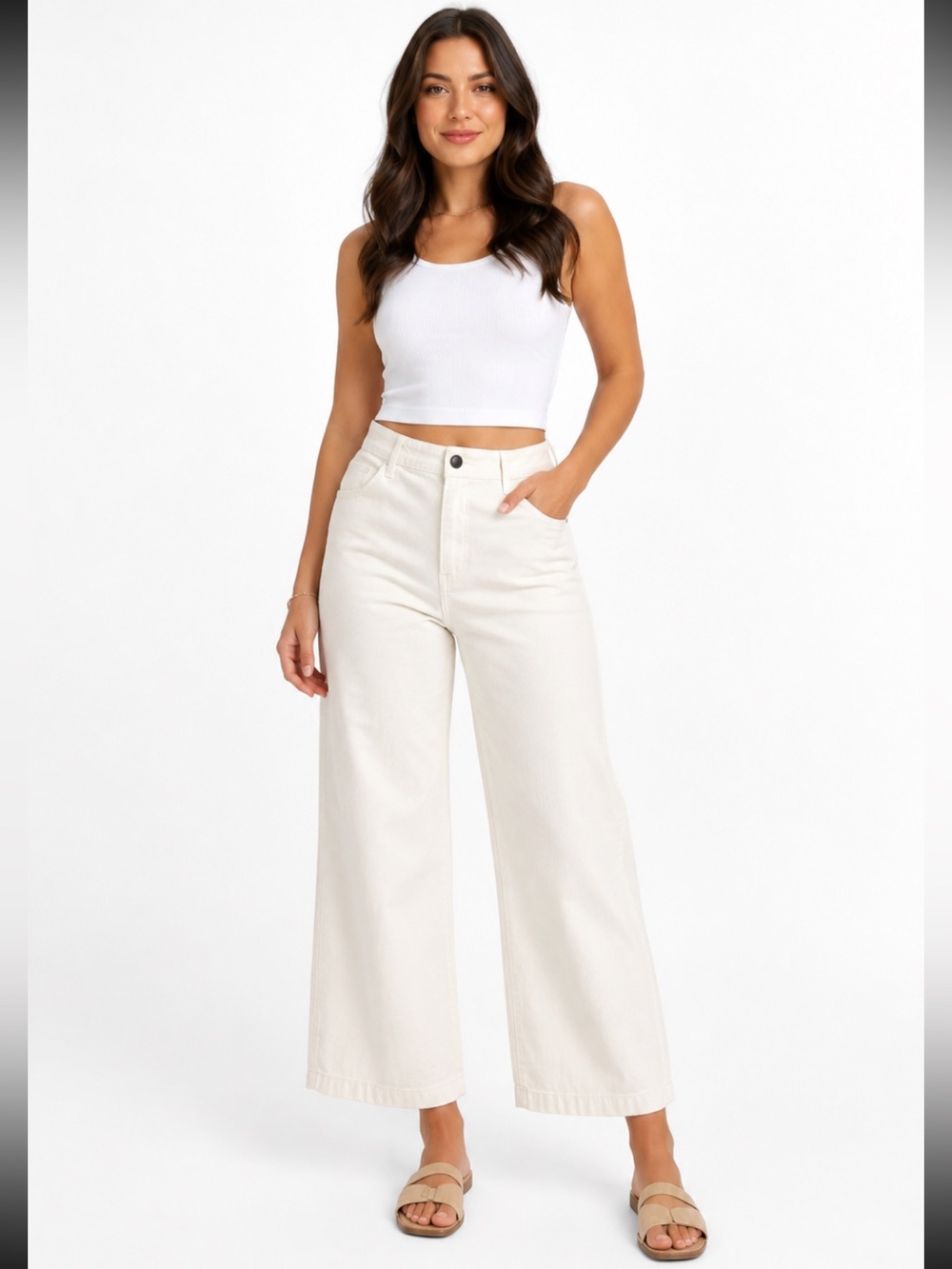 Ella Moss White Wide Leg Crop Pants High Rise Stretch Cotton - Size 12